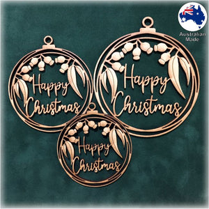 WS1042 Australian Bauble 05 - Happy Christmas Gum Leaves