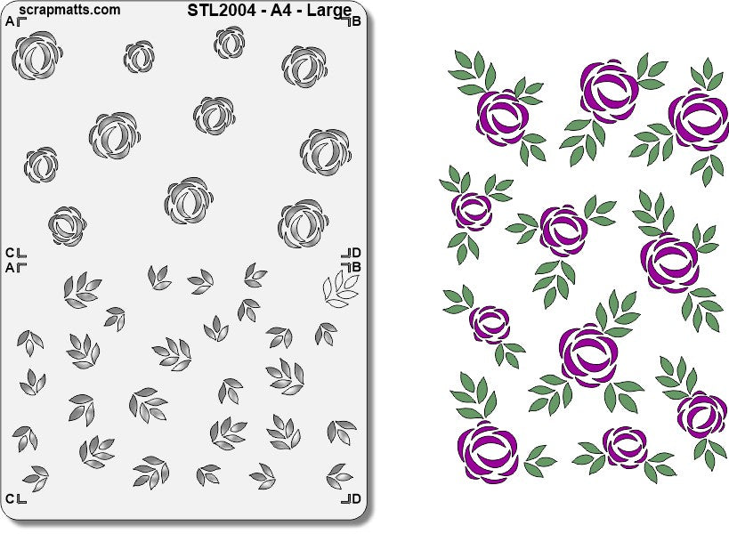 STL2004 - A4 - Large - Layered Roses & Leaves Stencil
